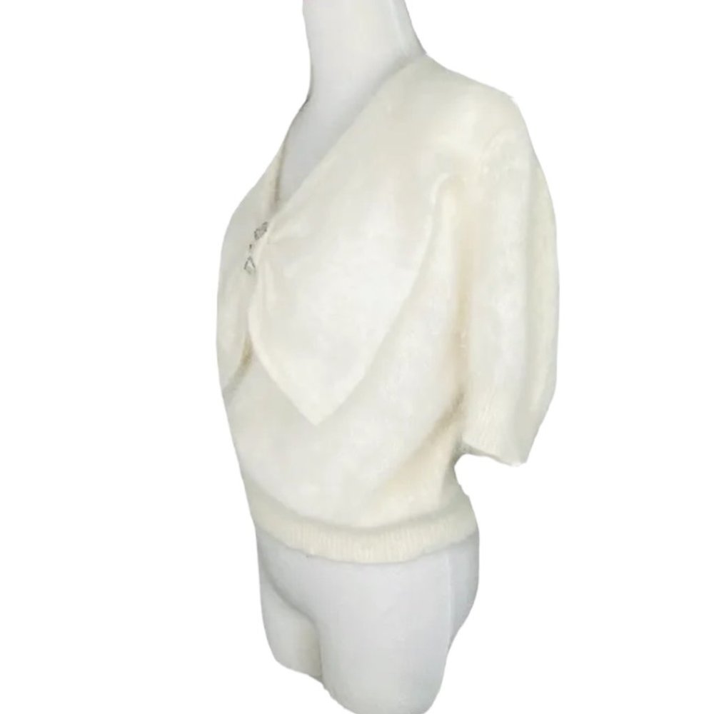 I B DIFFUSION Angora Sweater Dolman Sleeve Ivory Beaded Bow Accent Vintage Top - Picture 3 of 14